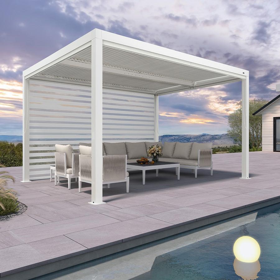 PURPLE LEAF Athena – Pergola extérieure blanche en aluminium à lames orientables avec store enrouleur et toit réglable