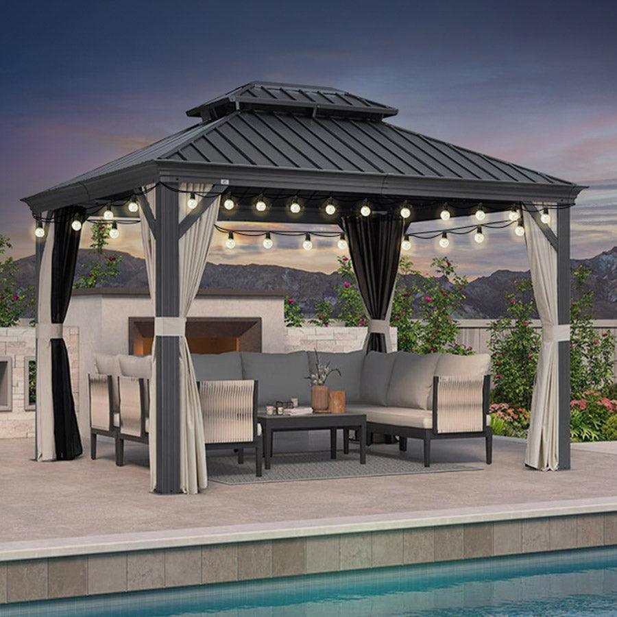PURPLE LEAF – Pavillon extérieur à toit rigide pour terrasse, structure en aluminium grise, rideaux kaki et guirlande lumineuse