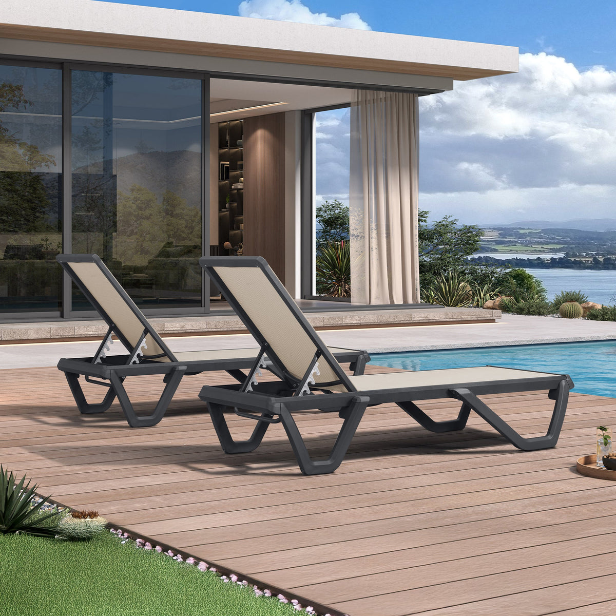 PURPLE LEAF – Chaise longue extérieure à 5 positions avec structure en aluminium et assise en Textilene, légère et durable pour terrasse et piscine