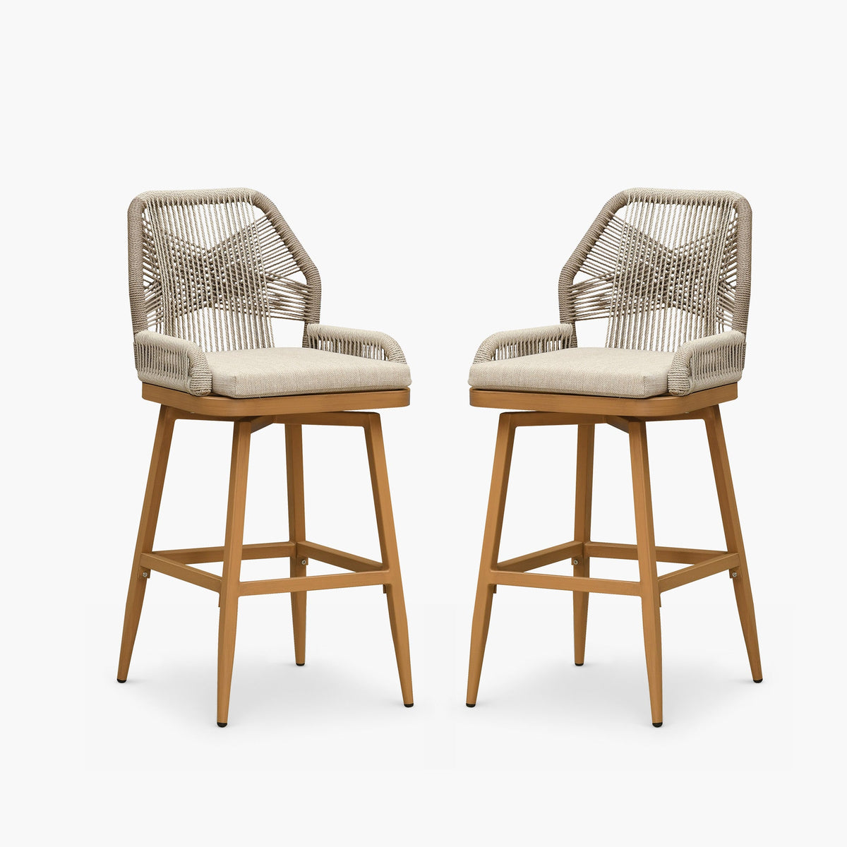 PURPLE LEAF – Lot de 2 tabourets de bar extérieurs pivotants 360° en résine tressée toutes saisons avec dossier et coussin