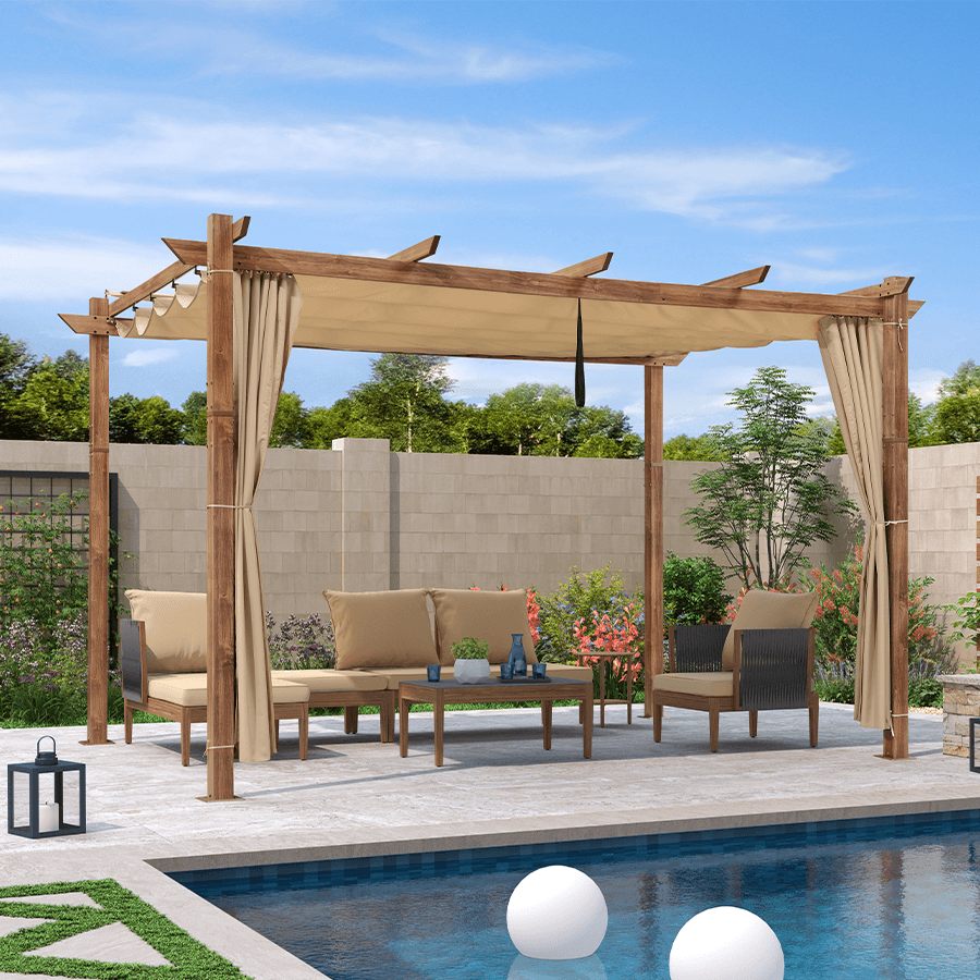 PURPLE LEAF – Pergola extérieure rétractable avec toile d’ombrage, structure effet bois naturel et rideaux