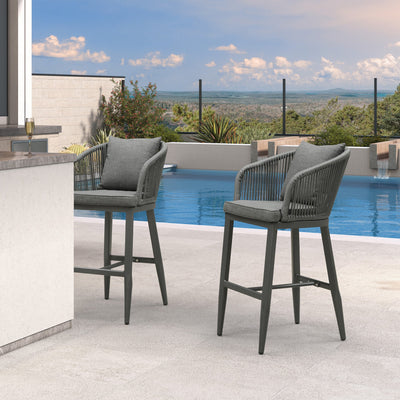 PURPLE LEAF – Tabourets de bar modernes extérieurs en aluminium et rotin avec dossier haut, accoudoirs, coussins et oreillers amovibles