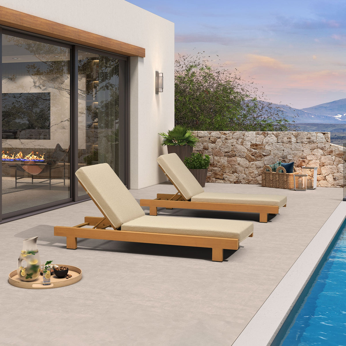 PURPLE LEAF – Lit de repos extérieur Standard avec coussin, tissu mélangé oléfine et structure en aluminium pour terrasse et piscine