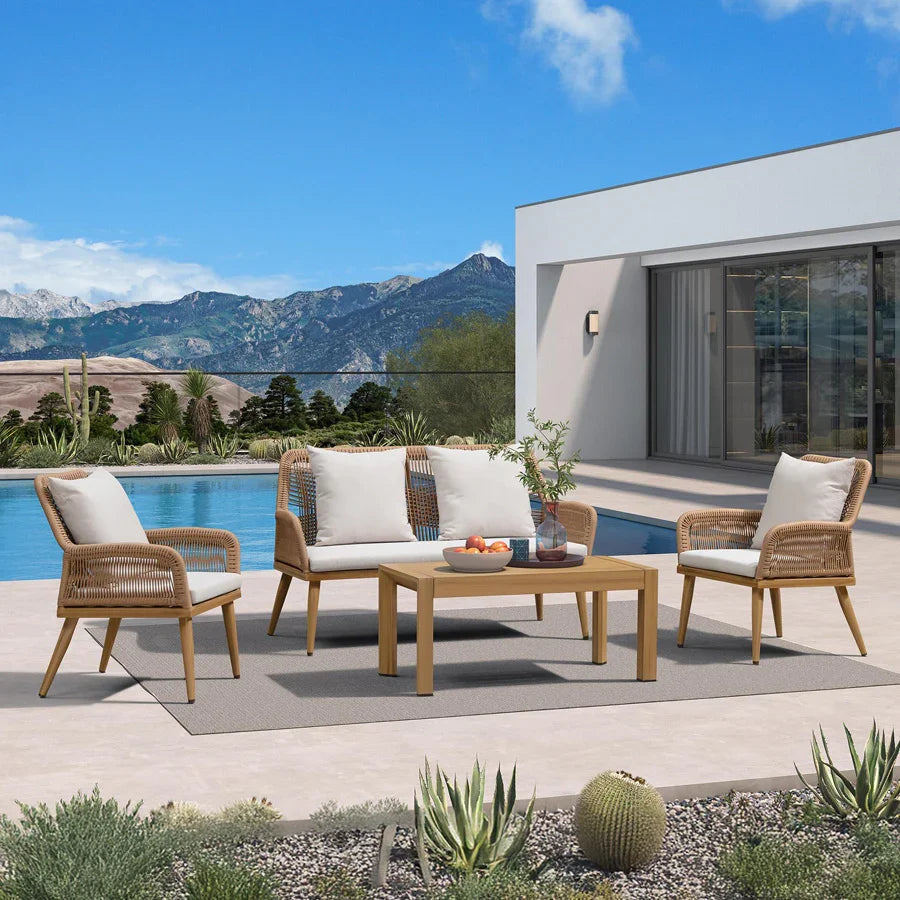 PURPLE LEAF Rivra – Ensemble salon de terrasse 4 pièces avec fauteuils en résine tressée et coussins épais pour jardin