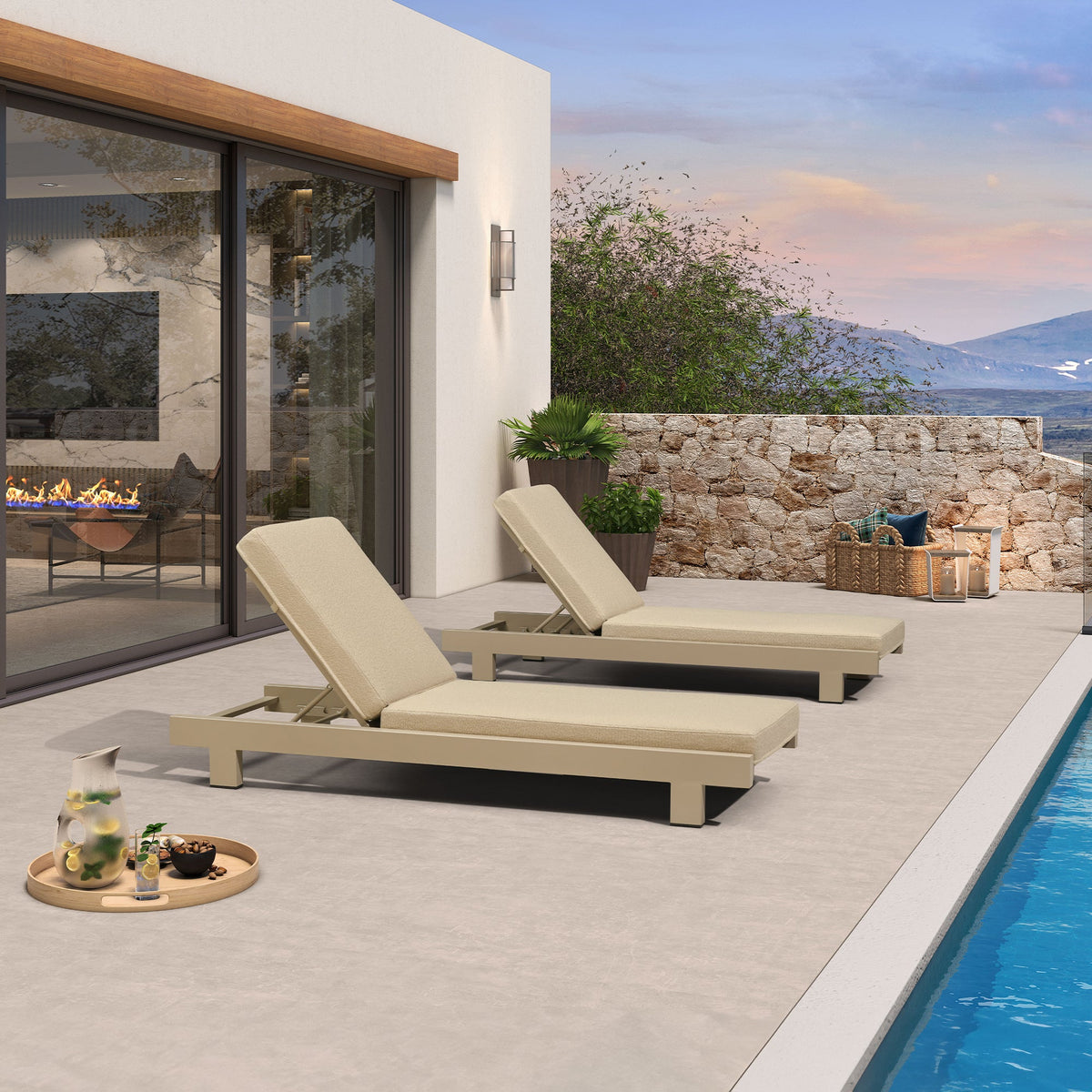 PURPLE LEAF – Lit de repos extérieur Standard avec coussin, tissu mélangé oléfine et structure en aluminium pour terrasse et piscine