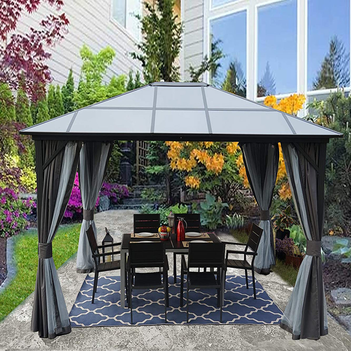 Kozyard 10ftx12ft' – Pavillon permanent en aluminium avec toit en polycarbonate, moustiquaire et rideau d’intimité