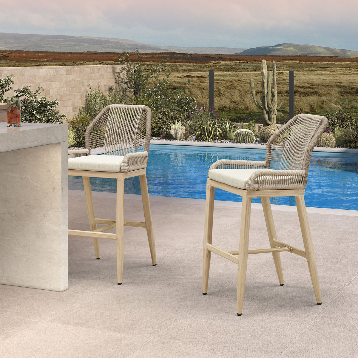 PURPLE LEAF – Tabourets de bar hauteur comptoir en rotin avec dossier et structure moderne en aluminium tressé pour terrasse, jardin ou intérieur
