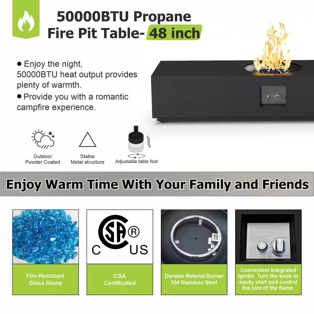 Table brasero extérieure au propane 48 In., 50,000 BTU, acier à revêtement noir