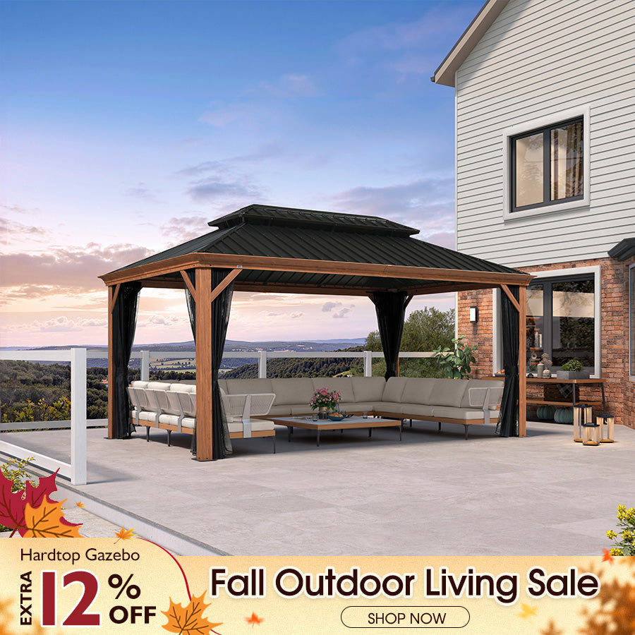 PURPLE LEAF – Pavillon à toit rigide pour terrasse, structure en aluminium effet bois avec moustiquaires