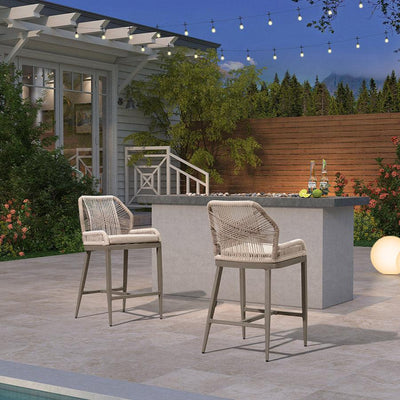 PURPLE LEAF – Lot de 4 tabourets de bar extérieurs en aluminium avec dossier, rotin tressé moderne style bohème pour jardin et piscine