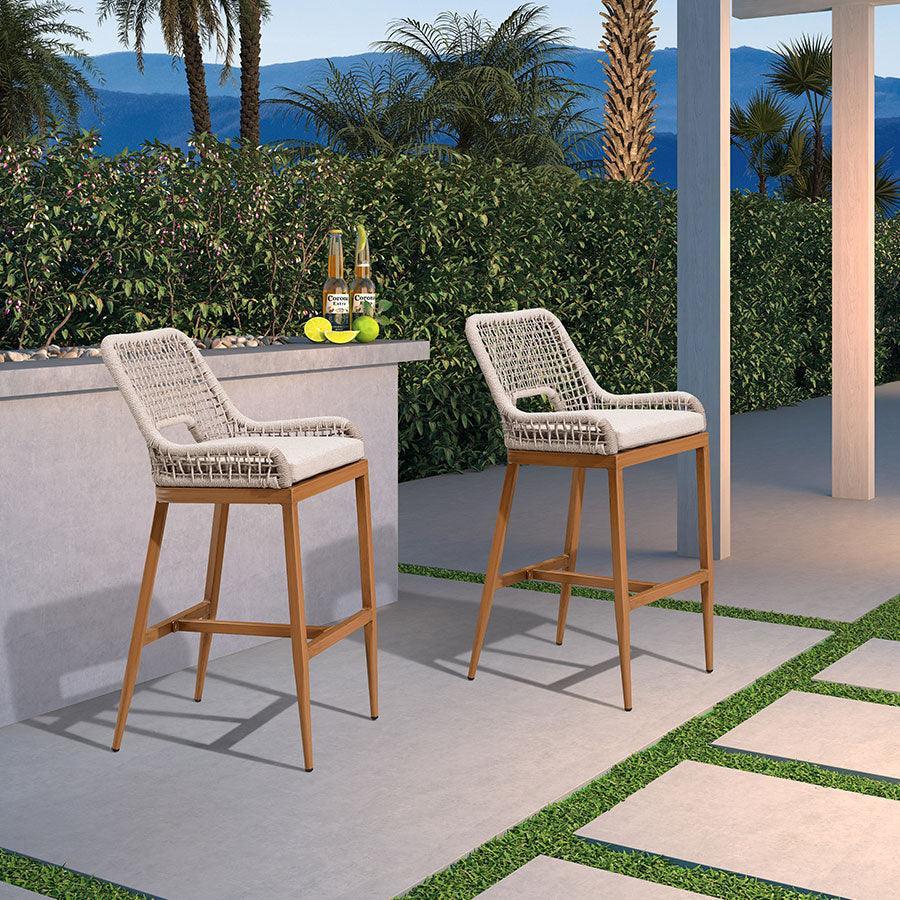 PURPLE LEAF – Lot de 4 tabourets de bar extérieurs en aluminium avec dossier, rotin tressé moderne style bohème pour jardin et piscine