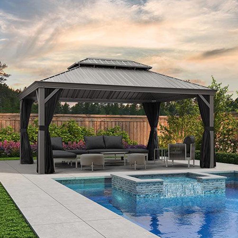 PURPLE LEAF – Pavillon de terrasse pour piscine, toit rigide gris clair en acier galvanisé avec rideaux améliorés