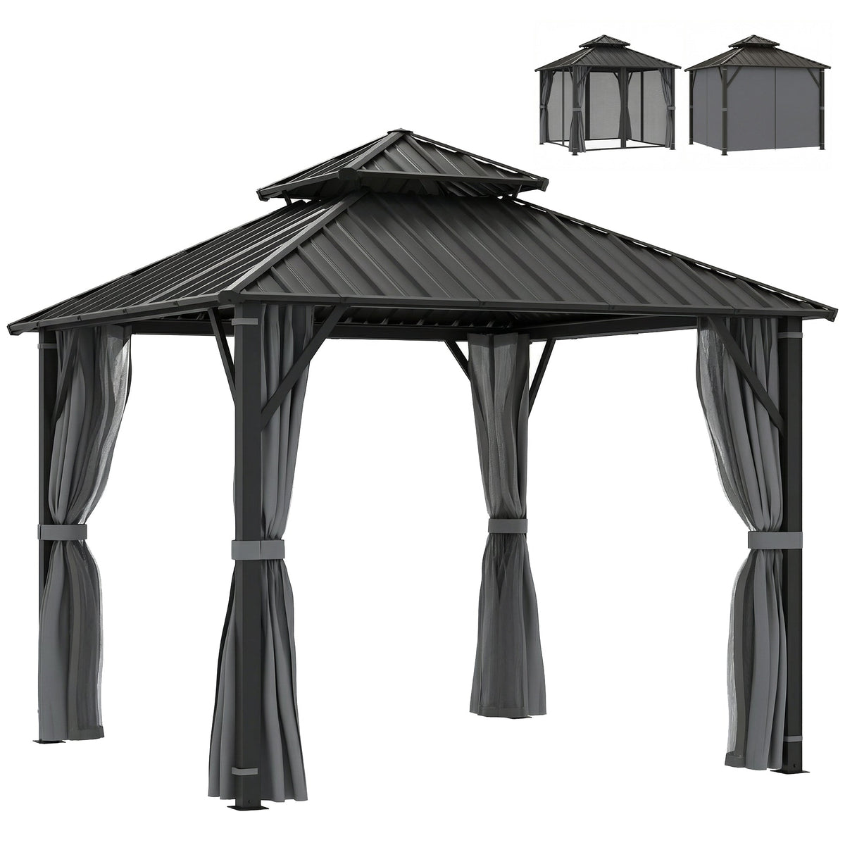 Pavillon à toit rigide 3 x 3 m avec double toit métallique, moustiquaires et rideaux, gris
