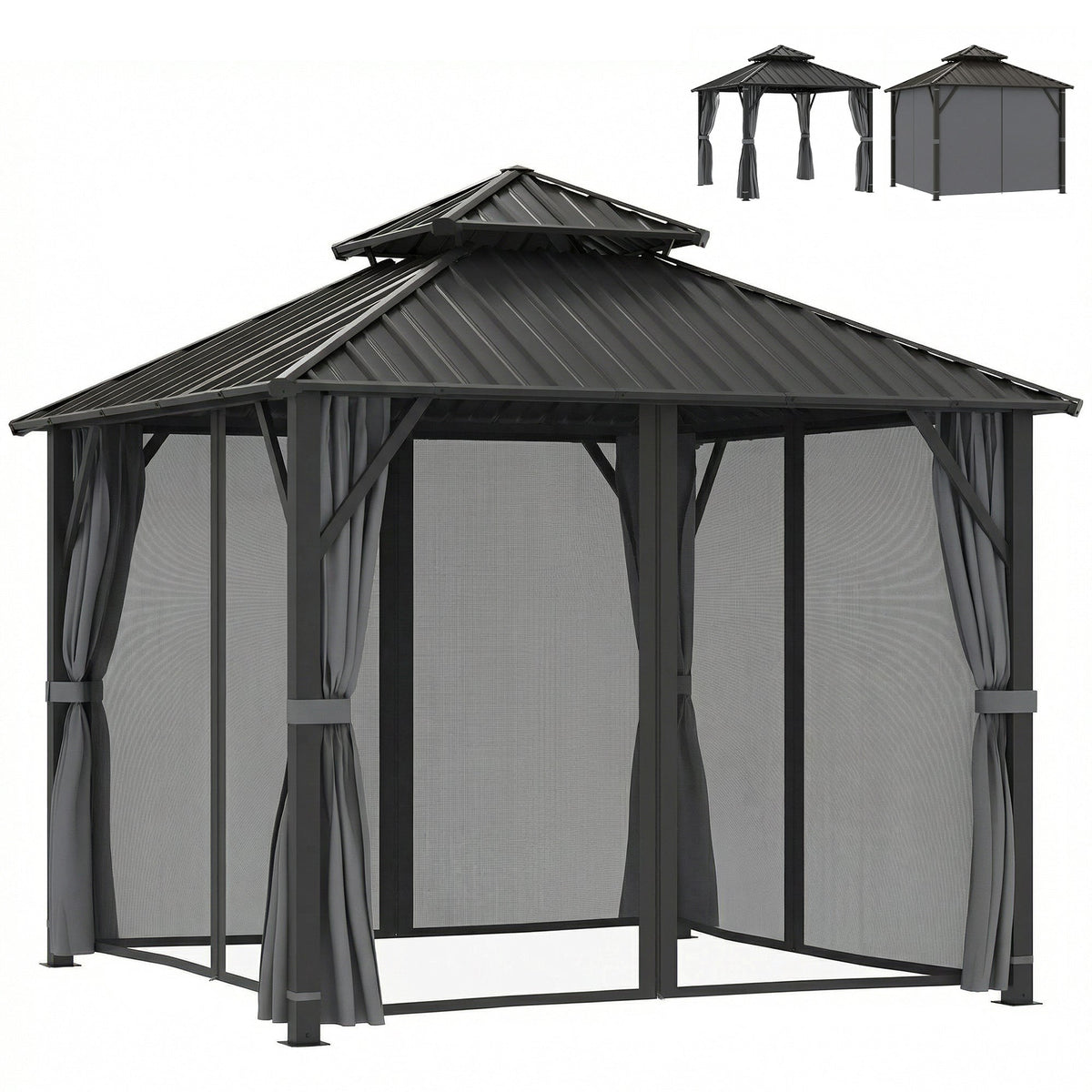 Pavillon à toit rigide 3 x 3 m avec double toit métallique, moustiquaires et rideaux, gris
