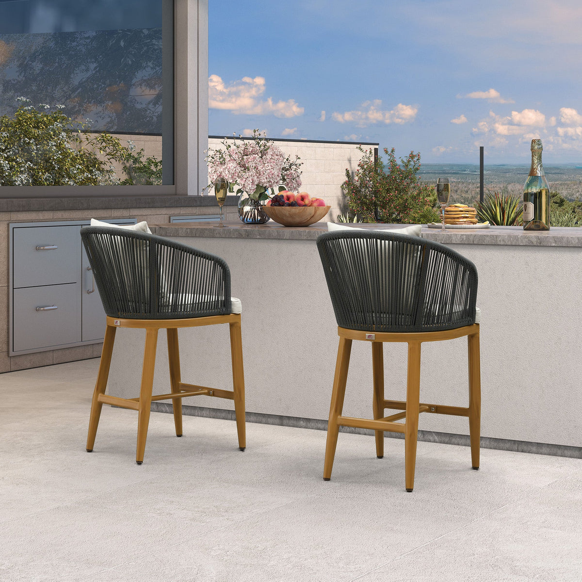 PURPLE LEAF – Tabourets de bar modernes extérieurs en aluminium et rotin avec dossier haut, accoudoirs, coussins et oreillers amovibles