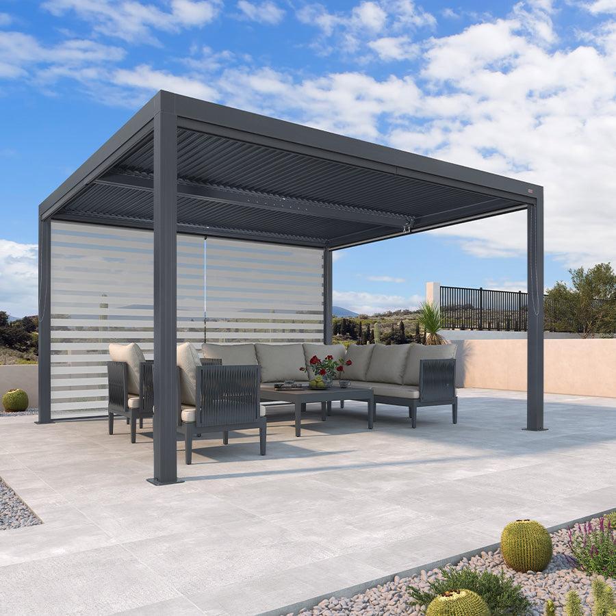 PURPLE LEAF Athena – Pergola extérieure grise en aluminium à lames orientables avec store enrouleur et toit réglable