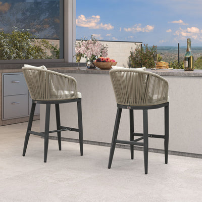 PURPLE LEAF – Tabourets de bar modernes extérieurs en aluminium et rotin avec dossier haut, accoudoirs, coussins et oreillers amovibles