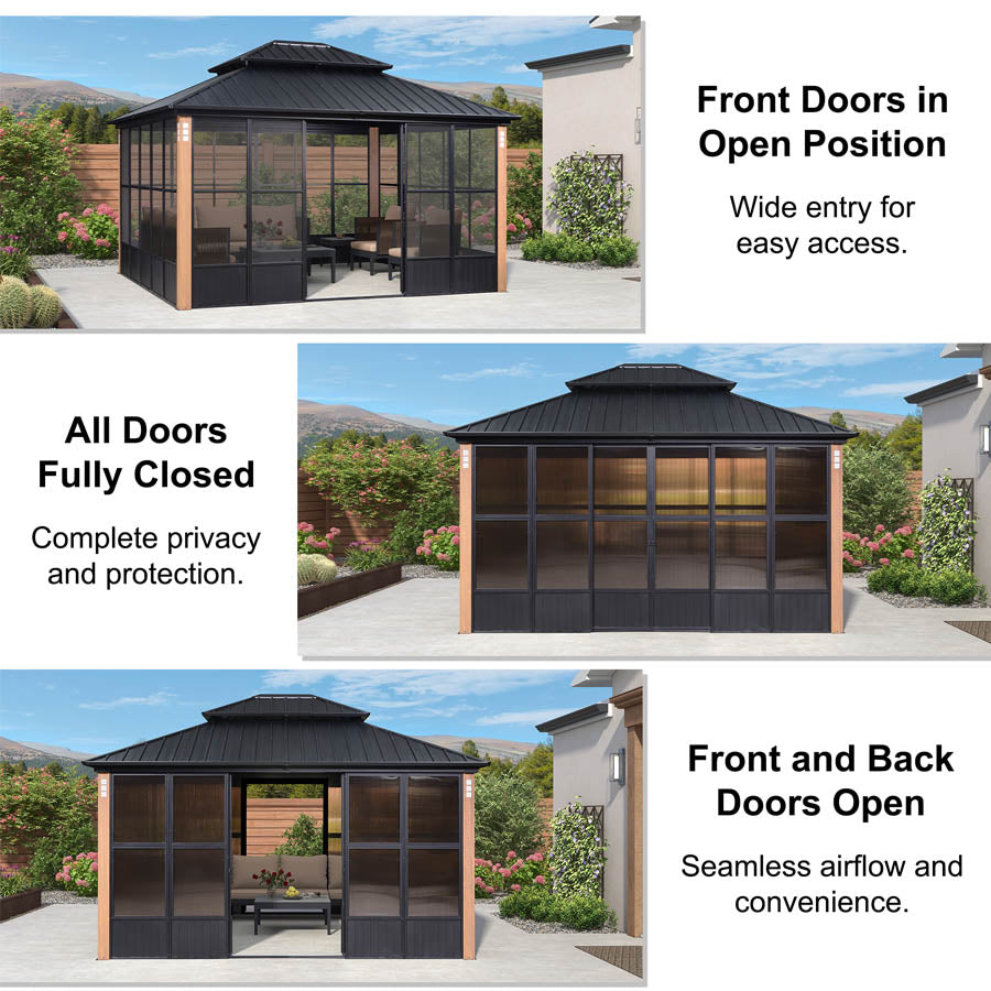 PURPLE LEAF – Pavillon-solarium à toit rigide avec colonnes effet bois, structure noire, double toit en acier galvanisé et guirlande lumineuse
