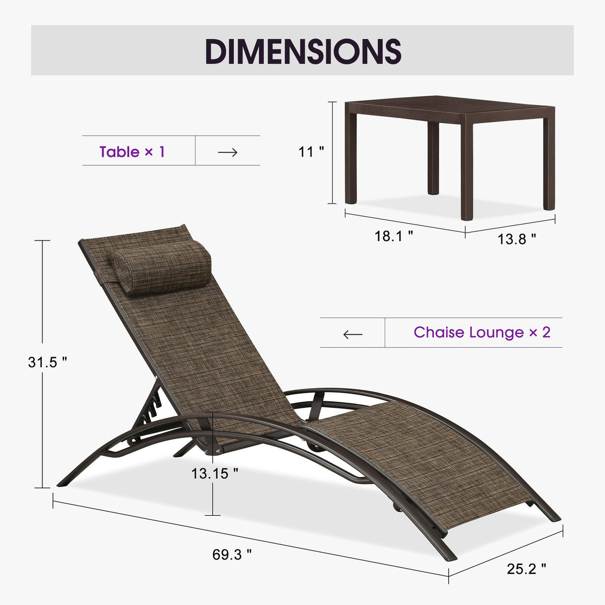 PURPLE LEAF – Chaise longue extérieure en aluminium bronze avec table d’appoint, réglable et inclinable pour terrasse, piscine, balcon et plage