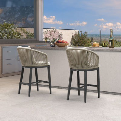 PURPLE LEAF – Tabourets de bar modernes extérieurs en aluminium et rotin avec dossier haut, accoudoirs, coussins et oreillers amovibles