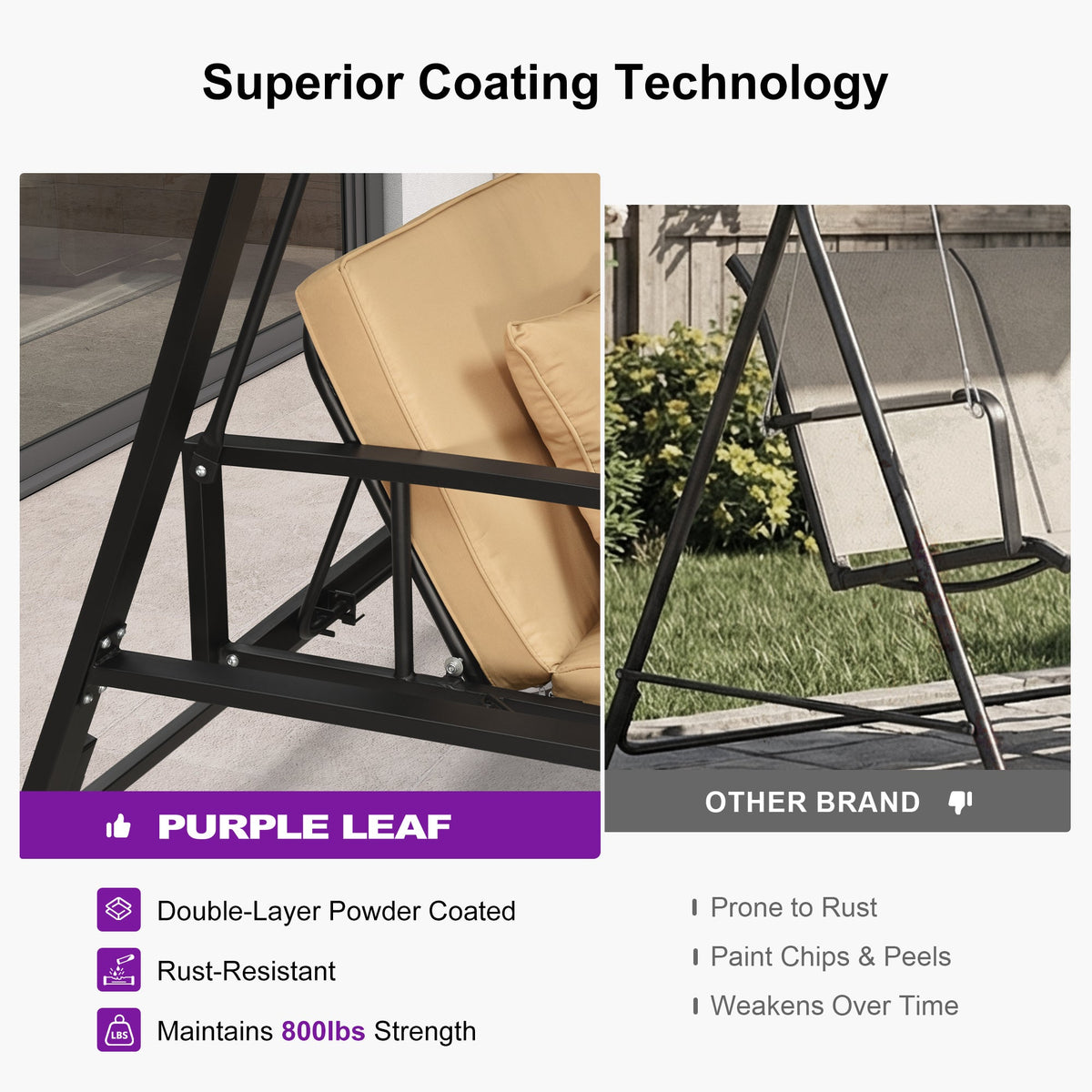 PURPLE LEAF – Balancelle de porche avec auvent inclinable réglable, support et structure en acier, toutes saisons et compacte