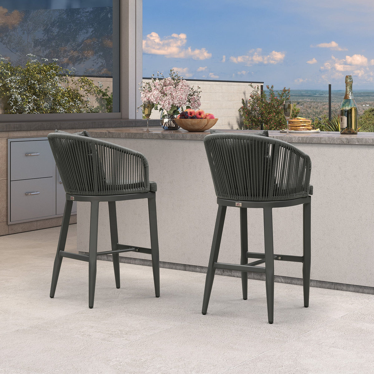PURPLE LEAF – Tabourets de bar modernes extérieurs en aluminium et rotin avec dossier haut, accoudoirs, coussins et oreillers amovibles