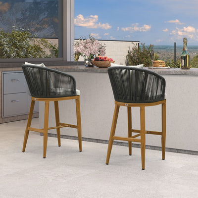 PURPLE LEAF – Tabourets de bar modernes extérieurs en aluminium et rotin avec dossier haut, accoudoirs, coussins et oreillers amovibles