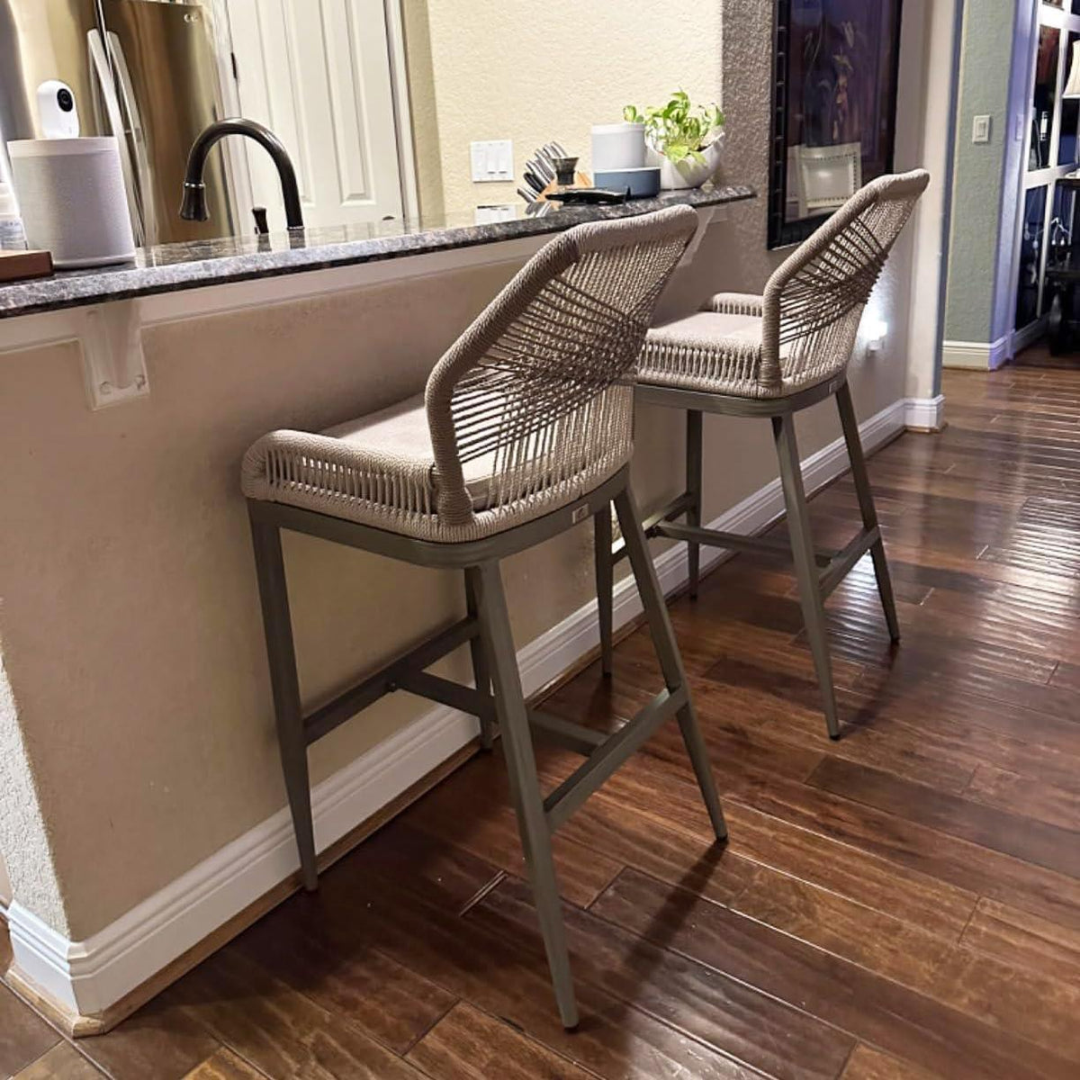 PURPLE LEAF – Lot de 6 tabourets de bar extérieurs en résine tressée avec coussins, mobilier toutes saisons