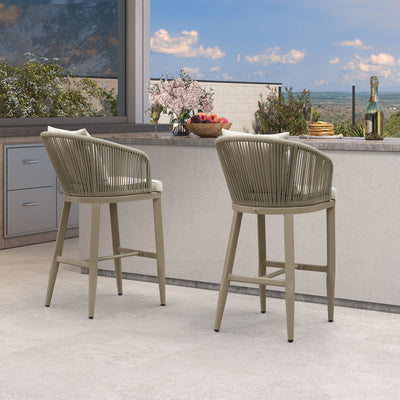 PURPLE LEAF – Tabourets de bar modernes extérieurs en aluminium et rotin avec dossier haut, accoudoirs, coussins et oreillers amovibles