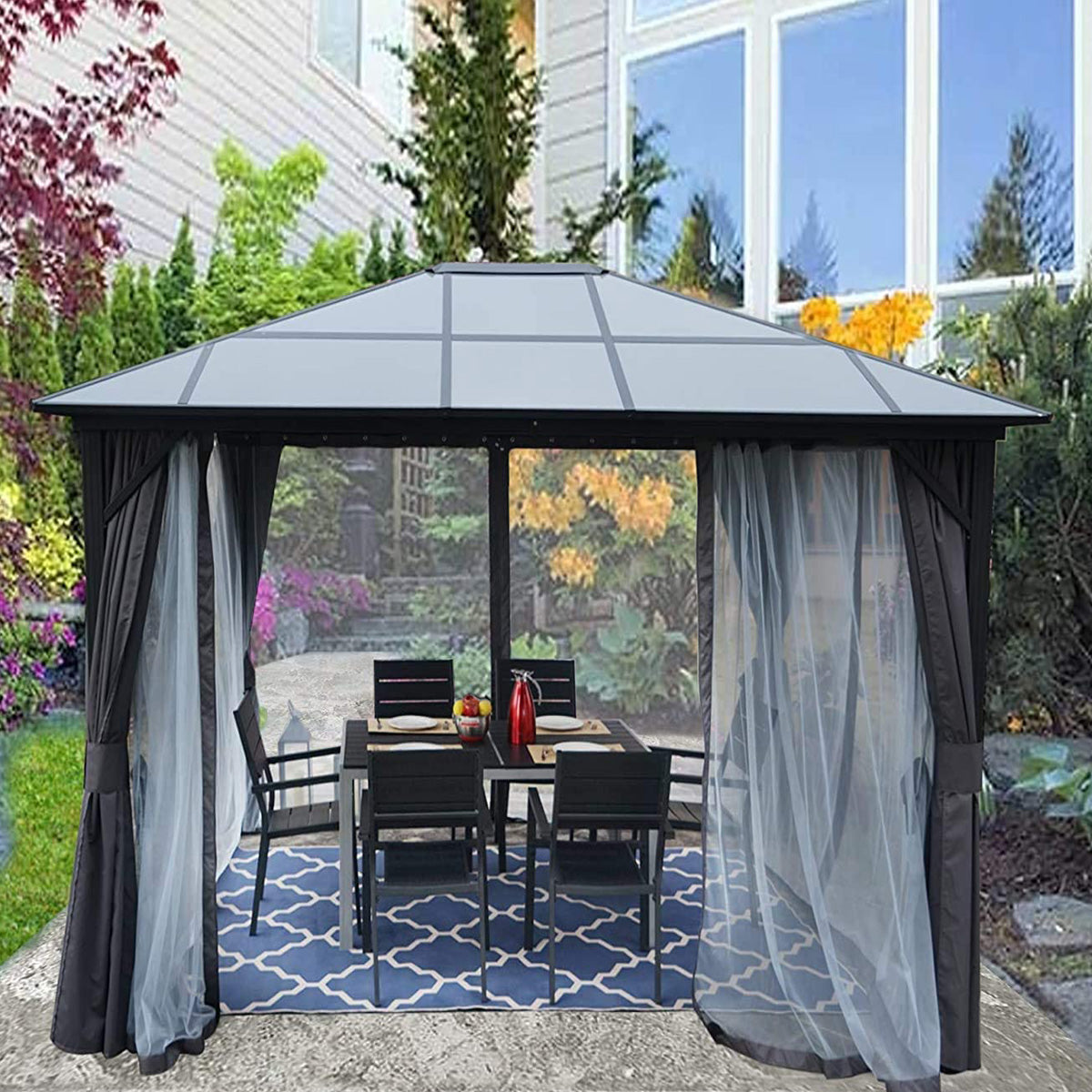 Kozyard 10ftx12ft' – Pavillon permanent en aluminium avec toit en polycarbonate, moustiquaire et rideau d’intimité