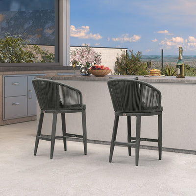 PURPLE LEAF – Tabourets de bar modernes extérieurs en aluminium et rotin avec dossier haut, accoudoirs, coussins et oreillers amovibles