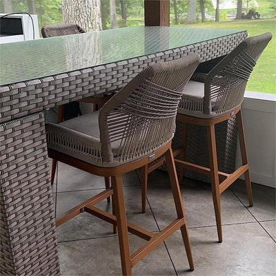 PURPLE LEAF – Lot de 4 tabourets de bar extérieurs en aluminium avec dossier, rotin tressé moderne style bohème pour jardin et piscine