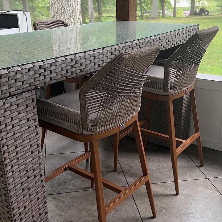 PURPLE LEAF – Lot de 4 tabourets de bar extérieurs en aluminium avec dossier, rotin tressé moderne style bohème pour jardin et piscine