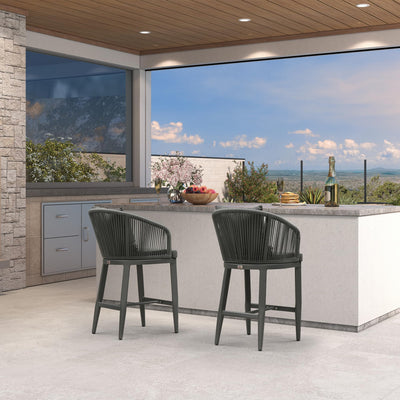 PURPLE LEAF – Tabourets de bar modernes extérieurs en aluminium et rotin avec dossier haut, accoudoirs, coussins et oreillers amovibles