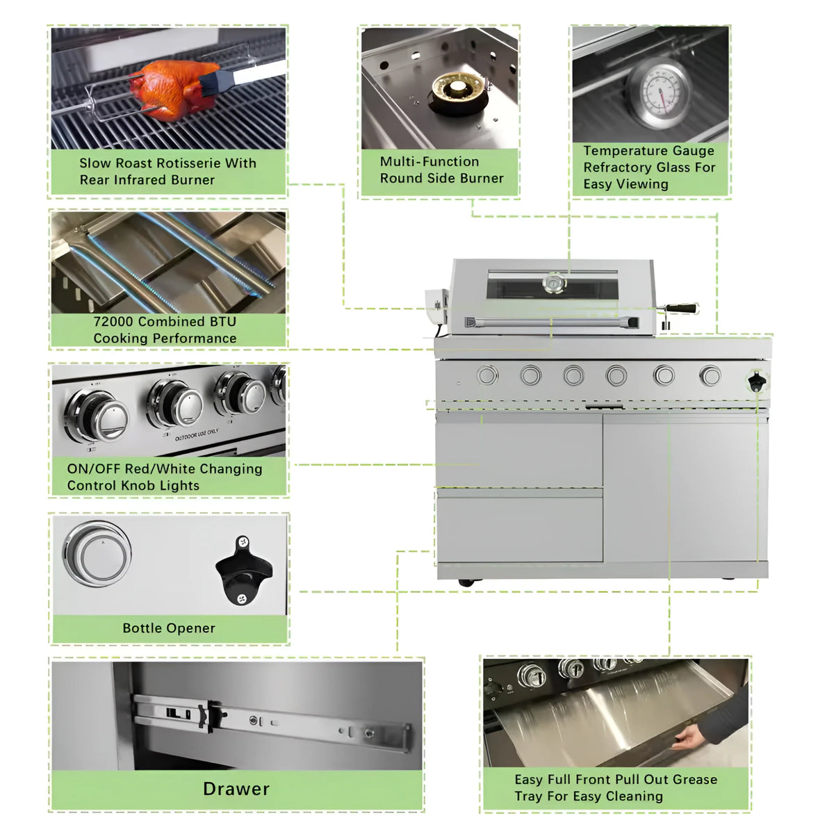 Îlot de cuisine extérieure 46 pouces avec barbecue 4 brûleurs 72,000 BTU en acier inoxydable, cave à vin et rôtissoire, Silver