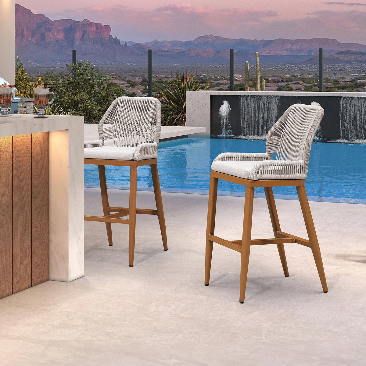 PURPLE LEAF – Lot de 4 tabourets de bar extérieurs en aluminium avec dossier, rotin tressé moderne style bohème pour jardin et piscine