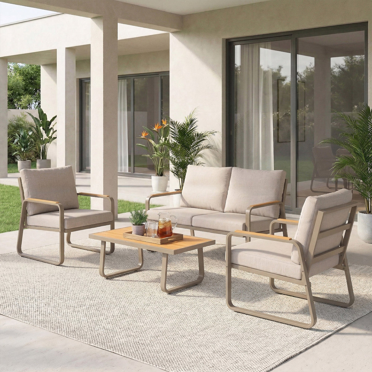 Ensemble de terrasse 4 pièces avec structure métallique et coussins, canapé 2 places et 2 fauteuils, marron