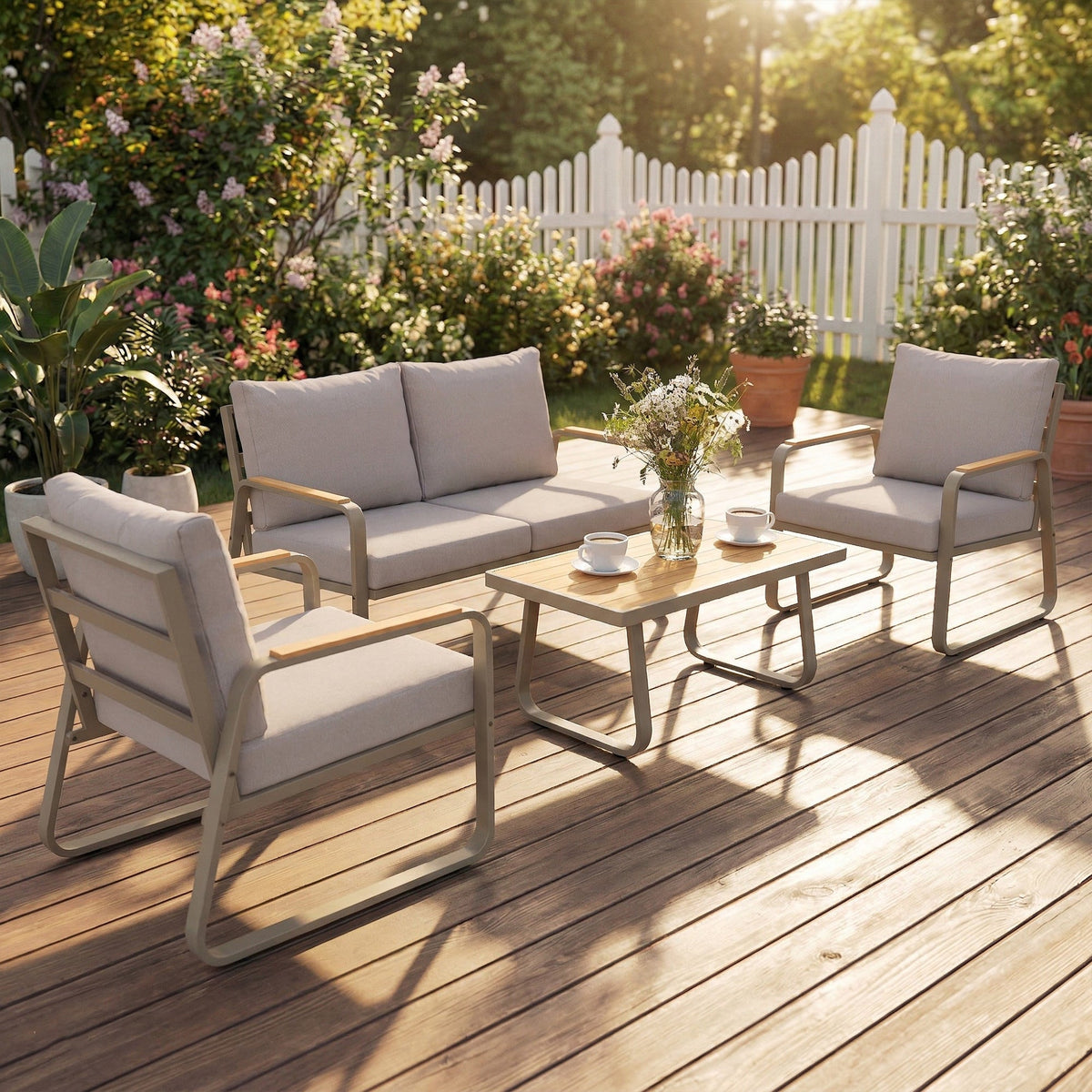 Ensemble de terrasse 4 pièces avec structure métallique et coussins, canapé 2 places et 2 fauteuils, marron