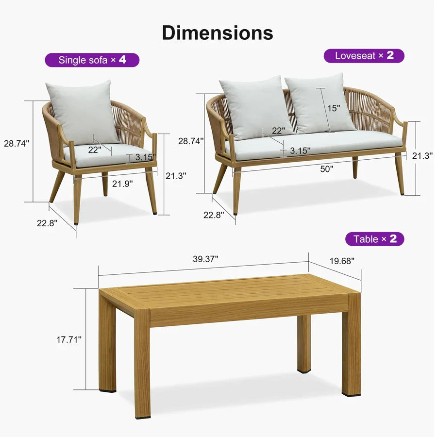 PURPLE LEAF Buler – Ensemble salon de terrasse moderne 4/8 pièces avec fauteuils en rotin, canapé et table basse pour bord de piscine