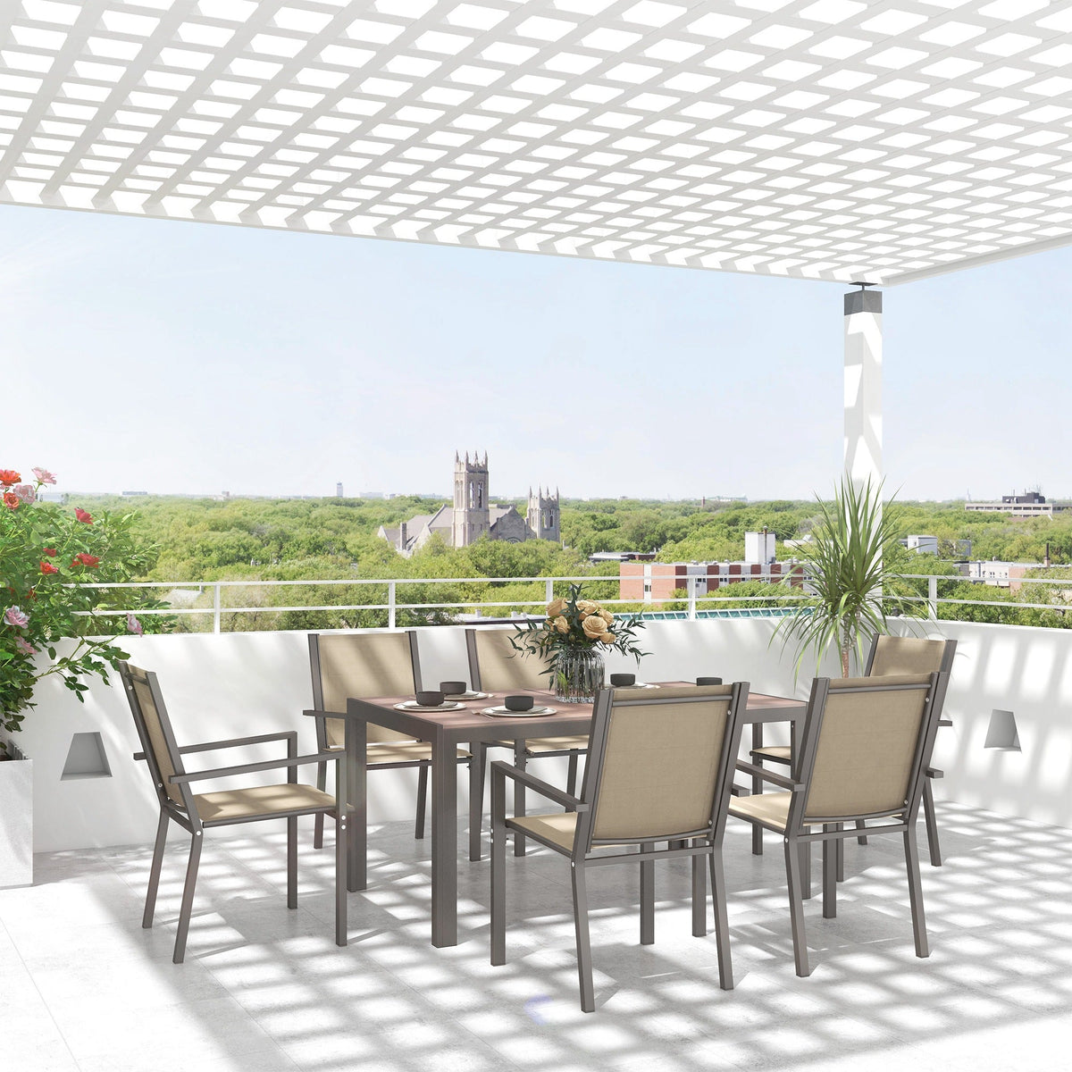 Ensemble repas de terrasse 7 pièces avec table WPC et 6 chaises empilables, kaki