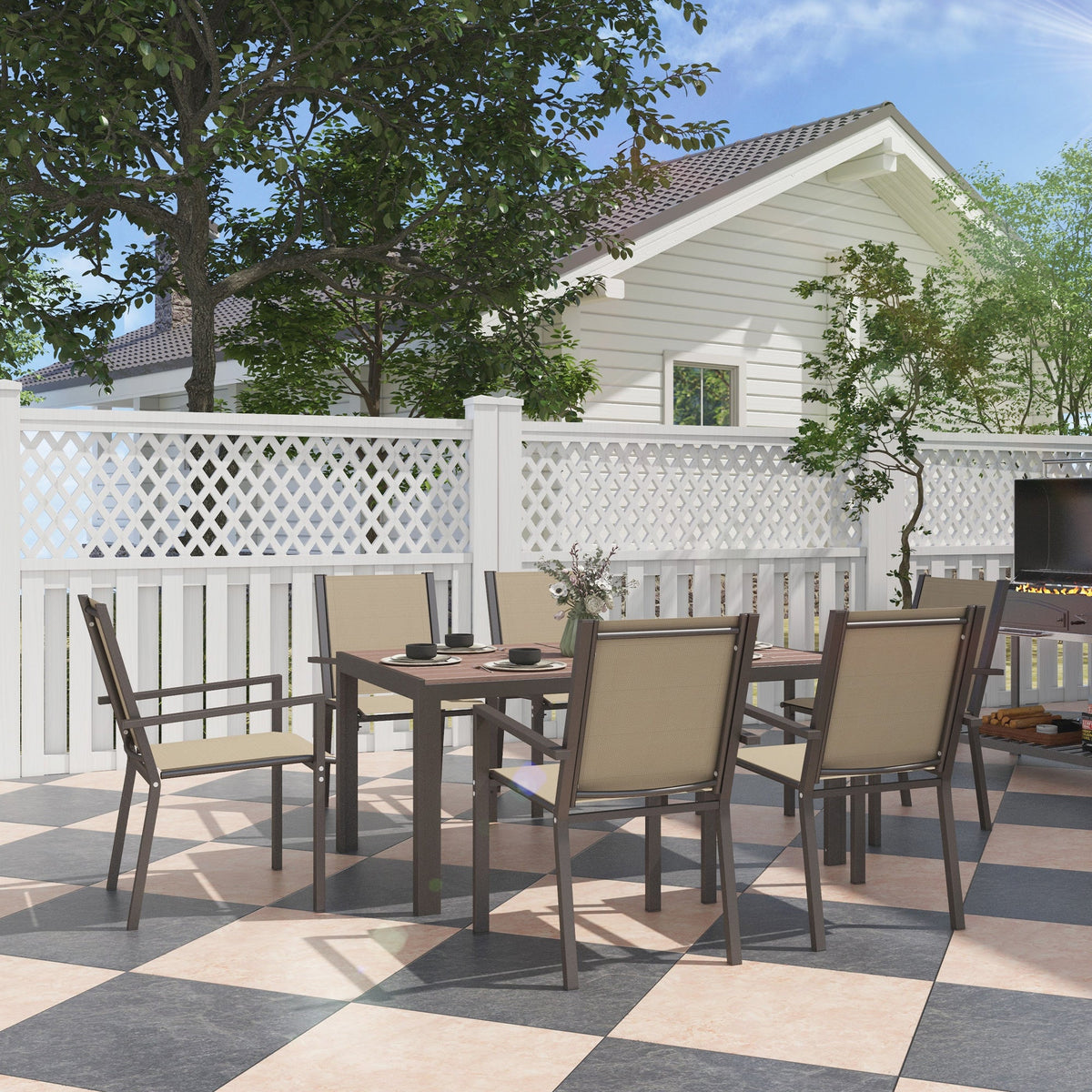 Ensemble repas de terrasse 7 pièces avec table WPC et 6 chaises empilables, kaki