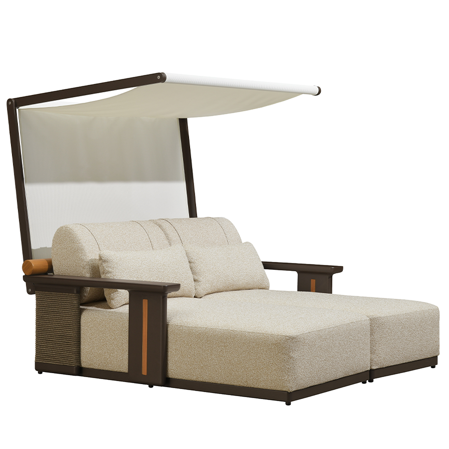 PURPLE LEAF – Chaise longue extérieure moderne en aluminium finition teck avec coussin épais et 2 oreillers pour terrasse, piscine et villa