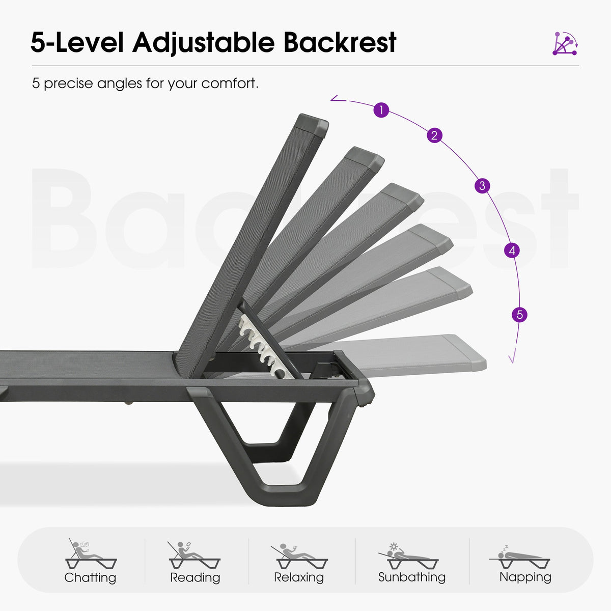 PURPLE LEAF – Chaise longue extérieure à 5 positions avec structure en aluminium et assise en Textilene, légère et durable pour terrasse et piscine