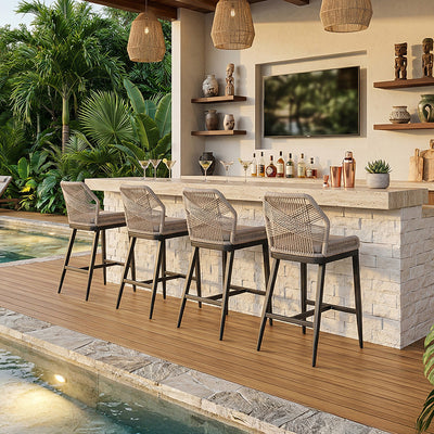 PURPLE LEAF – Lot de 4 tabourets de bar extérieurs en aluminium avec dossier, rotin tressé moderne style bohème pour jardin et piscine