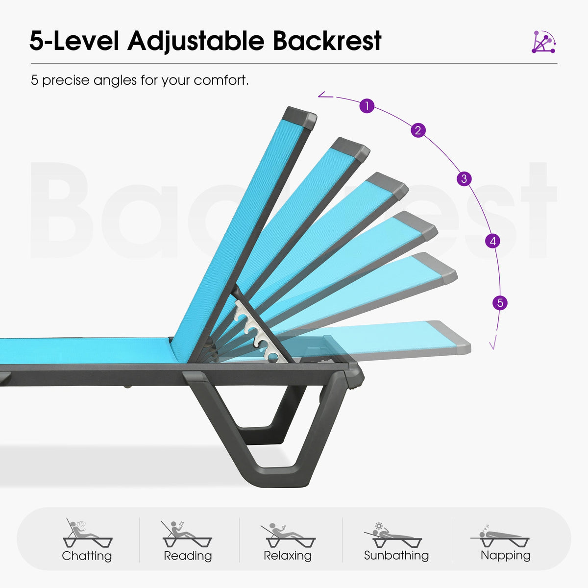 PURPLE LEAF – Chaise longue extérieure à 5 positions avec structure en aluminium et assise en Textilene, légère et durable pour terrasse et piscine
