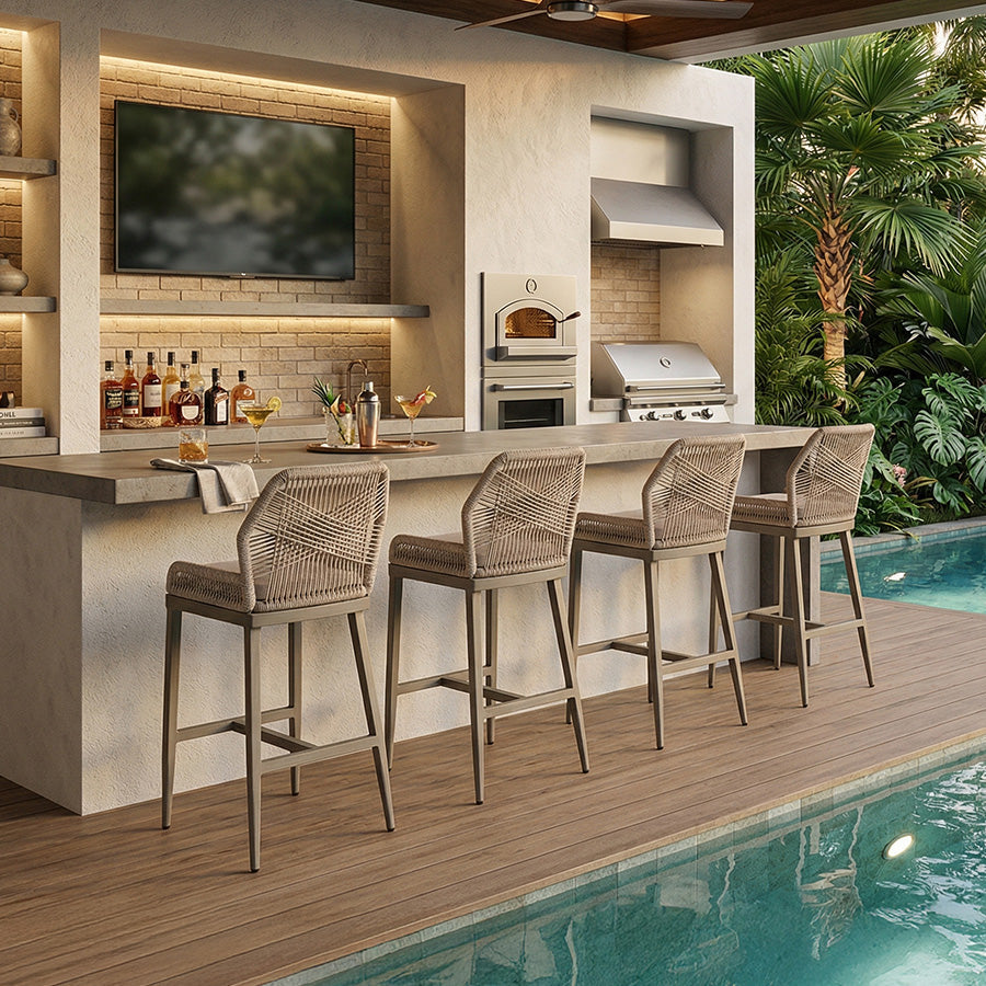 PURPLE LEAF – Lot de 4 tabourets de bar extérieurs en aluminium avec dossier, rotin tressé moderne style bohème pour jardin et piscine