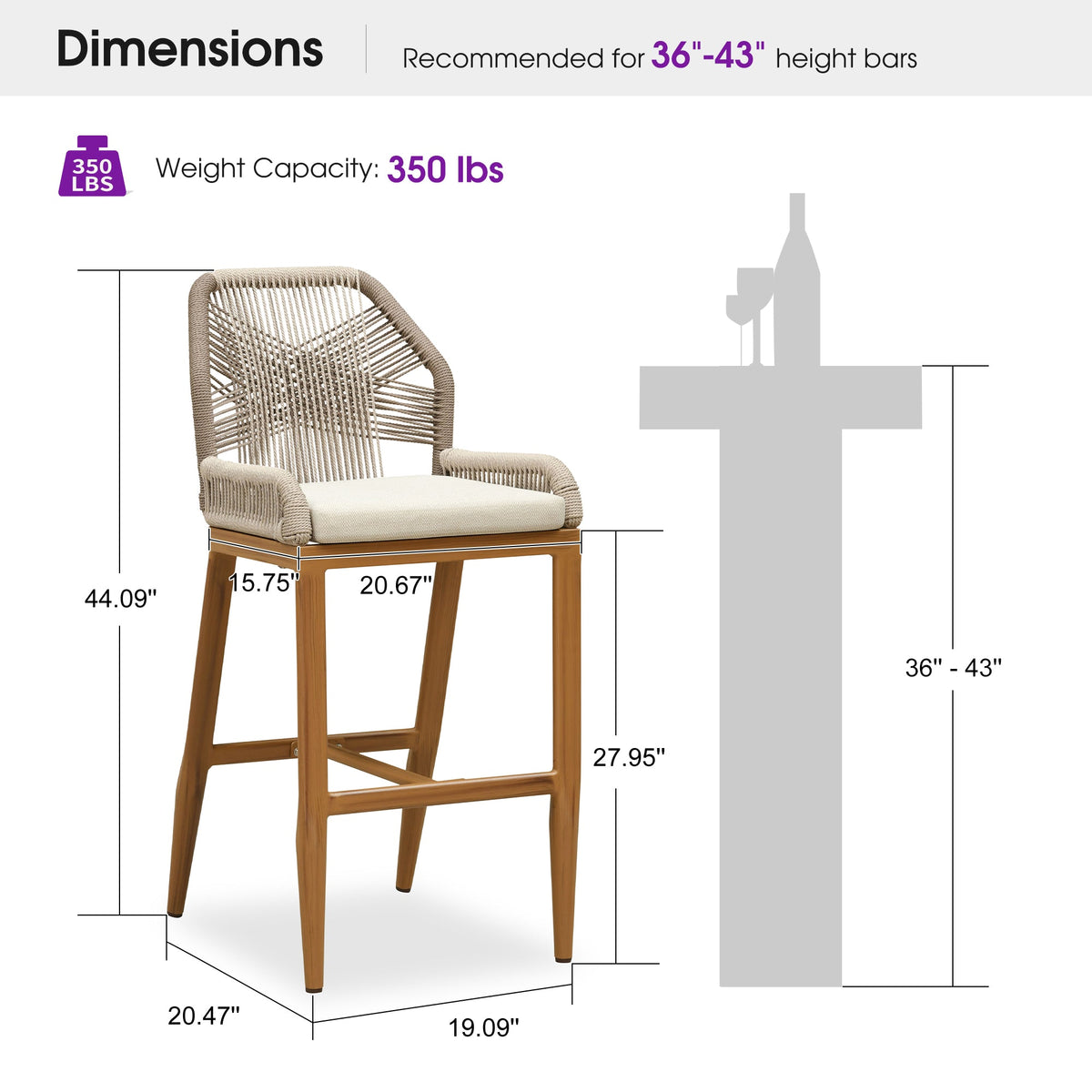 PURPLE LEAF – Tabourets de bar hauteur comptoir en rotin avec dossier et structure moderne en aluminium tressé pour terrasse, jardin ou intérieur