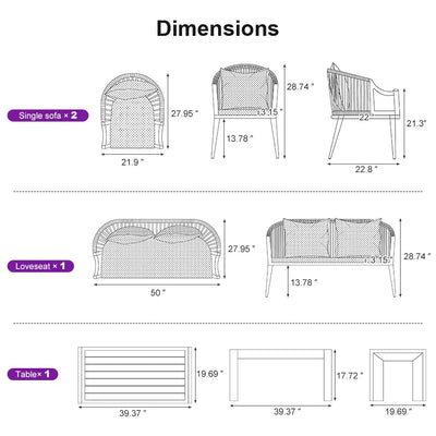 PURPLE LEAF Buler – Ensemble salon de terrasse moderne 4/8 pièces avec fauteuils en rotin, canapé et table basse pour bord de piscine