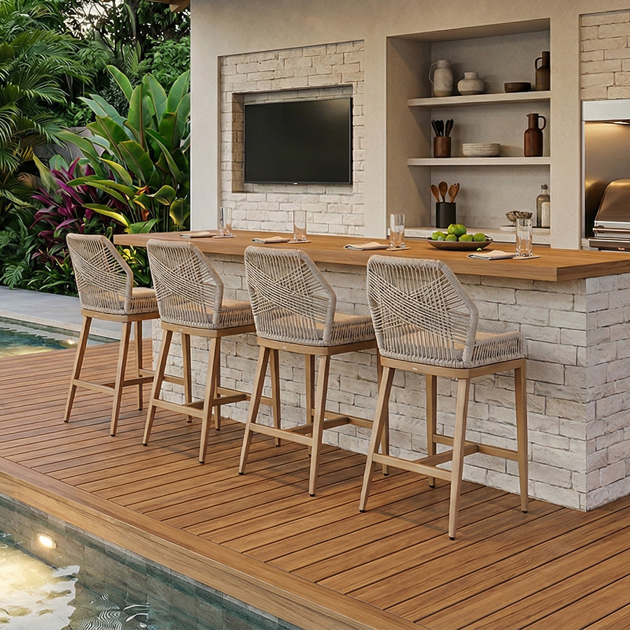 PURPLE LEAF – Lot de 4 tabourets de bar extérieurs en aluminium avec dossier, rotin tressé moderne style bohème pour jardin et piscine