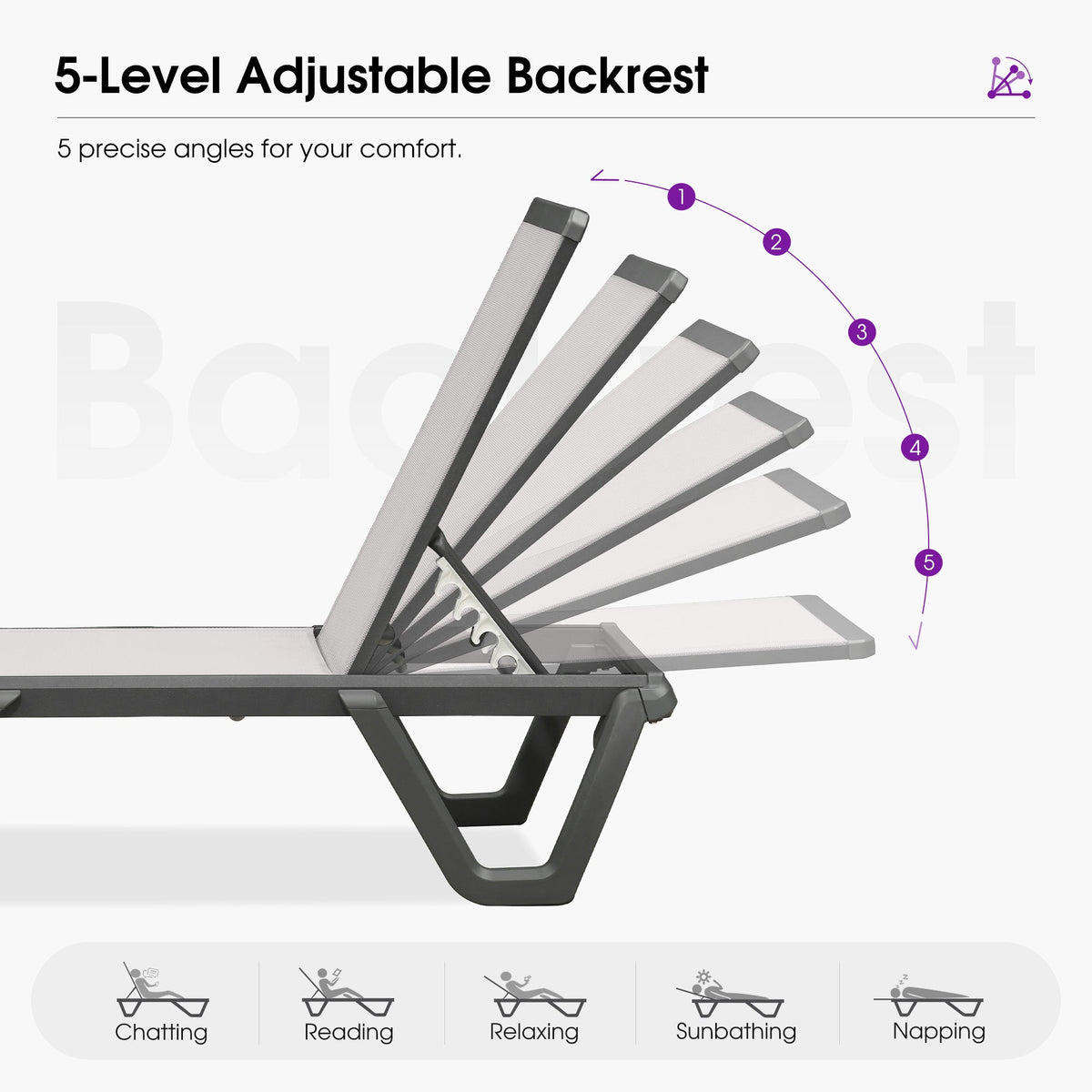 PURPLE LEAF – Chaise longue extérieure à 5 positions avec structure en aluminium et assise en Textilene, légère et durable pour terrasse et piscine